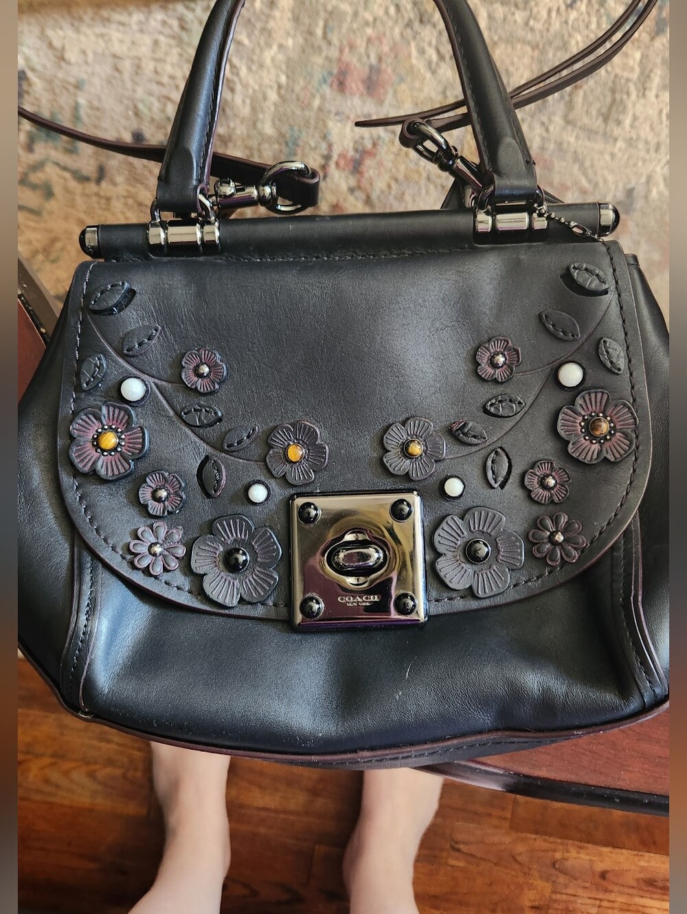 Coach Black Floral Appliqué Satchel with Top Handle & Strap